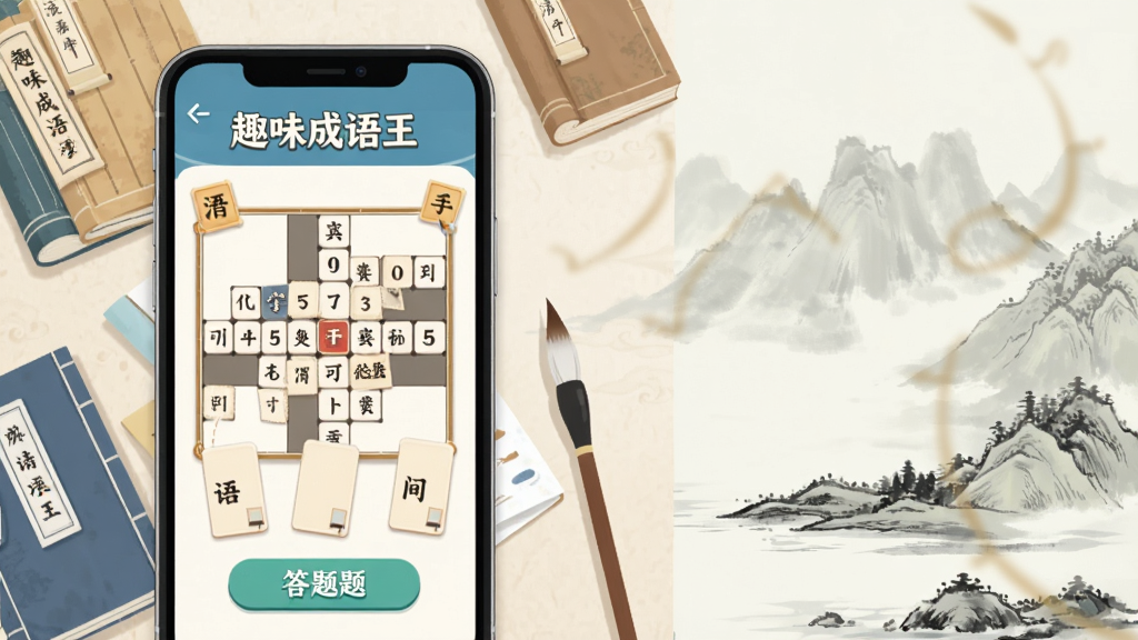 画面中心是一部竖屏智能手机,屏幕内显示“趣味成语王”应用界面,界面中央是一个填字方格棋盘,周围散落着古典书籍与毛笔,布局采用左右分栏,左侧为手机特写,右侧为淡雅的水墨山水背景,风格为中国风扁平化插画,细节包含成语词条卡片与答题按钮,画质清晰,干净,无多余元素