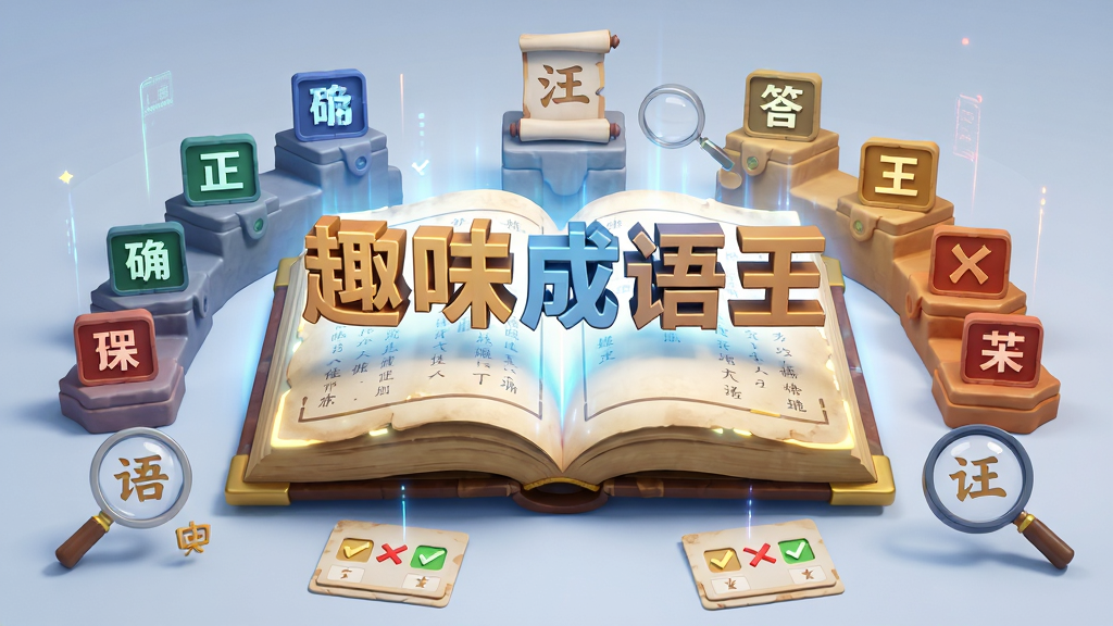 画面中央是一本展开的发光古籍,书页上漂浮着“趣味成语王”字样的立体字块,四周环绕着由小到大排列的阶梯状答题关卡图标,布局采用居中对称构图,风格为科技感与古典结合的3D渲染,细节包含正确与错误标记的答题卡、放大镜观察成语的意象,画质细腻,干净,无多余元素