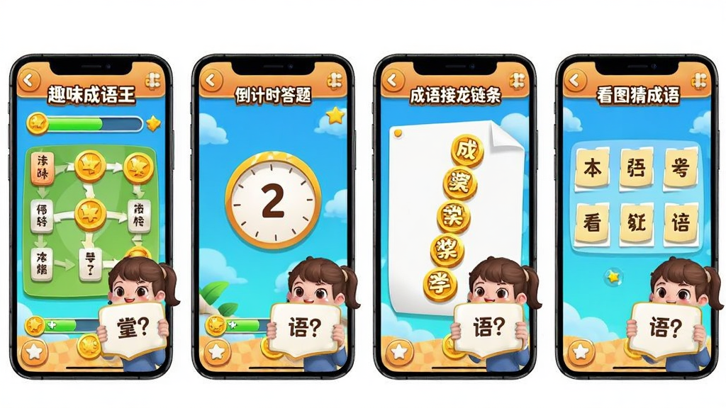 画面展示四个并排的手机屏幕,分别显示“趣味成语王”的闯关地图、倒计时答题、成语接龙链条和看图猜成语界面,布局为横向四格排列,风格为明亮活泼的卡通UI展示,细节包含进度条、金币奖励图标和卡通人物手持答题牌,画质清晰,干净,无多余元素