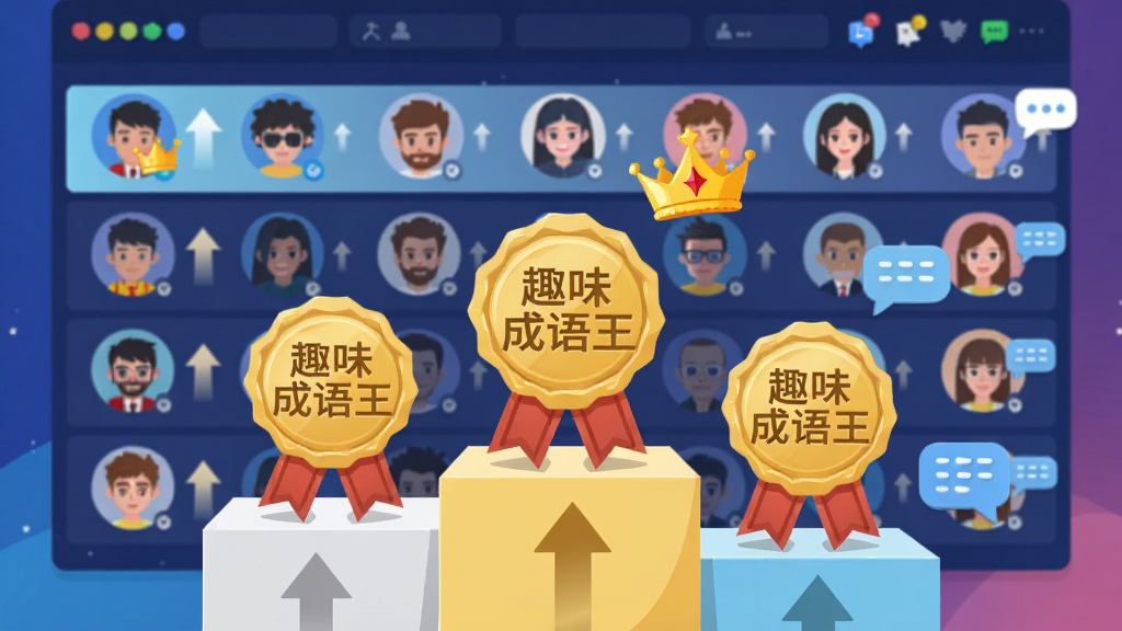 画面中心是一个领奖台,台上放置着三枚刻有“趣味成语王”字样的金色徽章,背景是虚拟好友头像排列的排行榜界面,布局采用前后景分层,风格为电竞风扁平插画,细节包含上升箭头、皇冠图标和聊天气泡,画质明快,干净,无多余元素