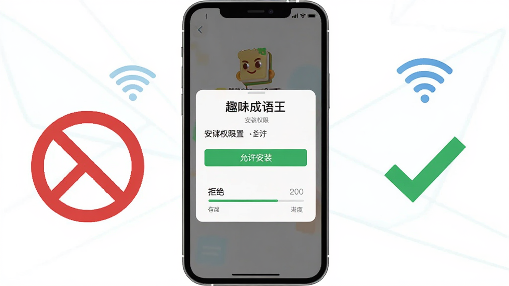 画面展示一部手机屏幕弹出“趣味成语王”安装权限设置界面,旁边有一个红色禁止符号与绿色对勾符号对比,布局为手机居中、左右两侧分别为错误与正确操作示意图,风格为扁平化提示插画,细节包含“允许安装”“拒绝”按钮文字、存储空间进度条和WiFi信号图标,画质清晰,干净,无多余元素