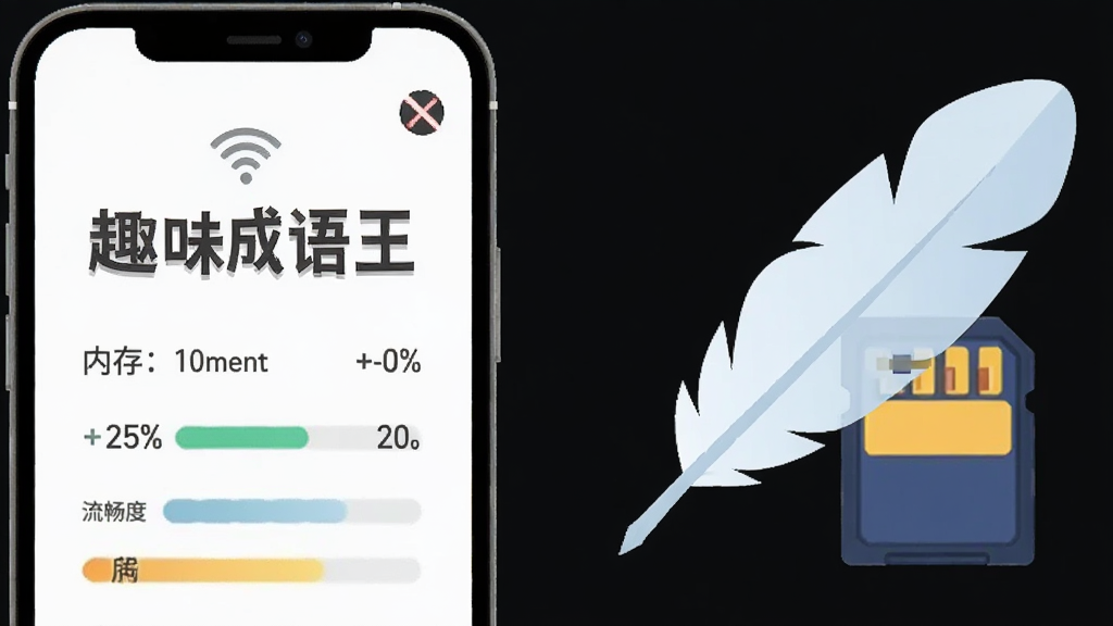 画面左侧是一部手机显示“趣味成语王”离线模式界面,右侧是一个轻飘飘的羽毛与存储卡图标组合,布局为左右对比式,风格为简约扁平化信息图,细节包含WiFi关闭符号、内存占用百分比数值和流畅度指示条,画质清爽,干净,无多余元素