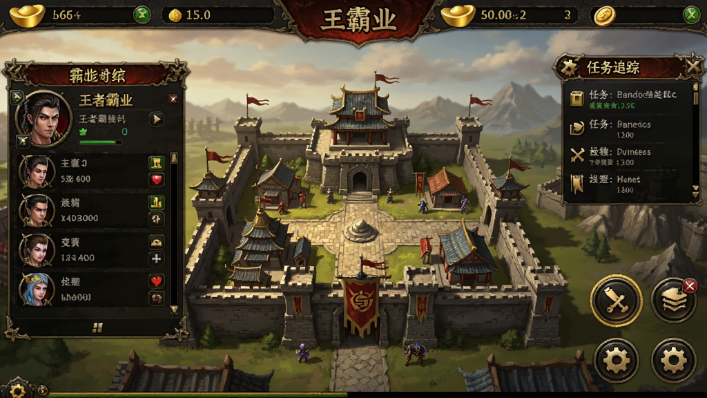 王者霸业游戏主界面全景展示,画面中央是传奇风格主城场景,左侧显示角色信息面板,右侧排列任务追踪与快捷功能按钮,顶部有元宝与金币资源栏,整体采用暗金与赤红配色,复古传奇美术风格,细节清晰,画质干净,无多余元素