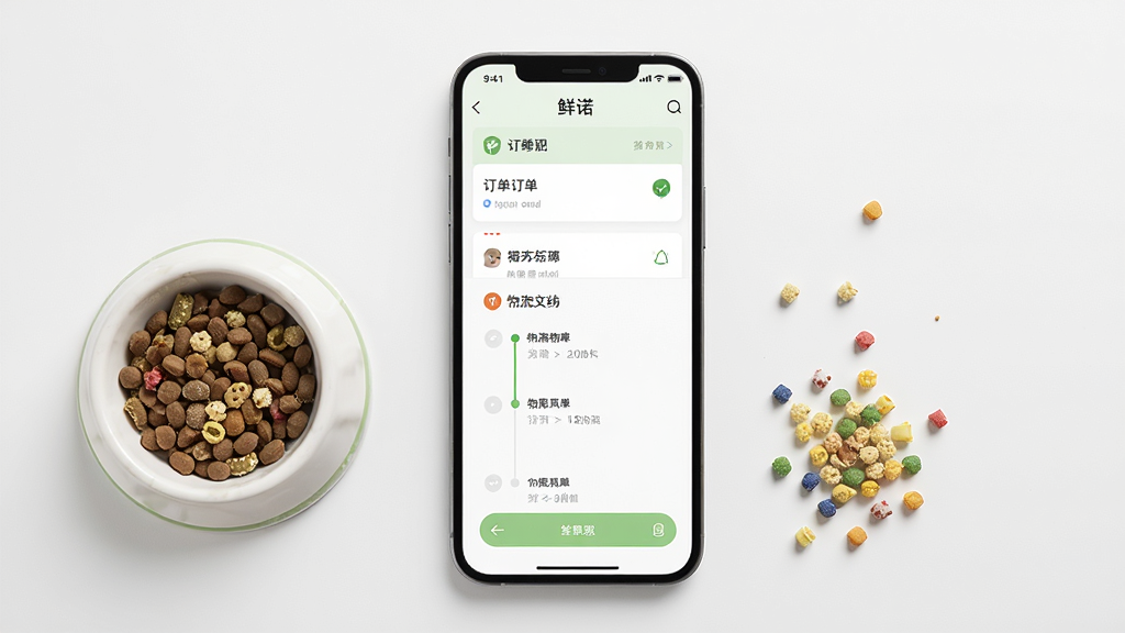 一张“鲜诺”应用订单物流页面示意图,手机屏幕显示订单列表与物流轨迹时间轴,界面配色以白色和浅绿色为主,旁边放置一个小型宠物食盆和几粒鹦鹉粮作为场景道具,布局为手机居中、道具环绕,风格简约现代,细节清楚,画质干净,无多余装饰。