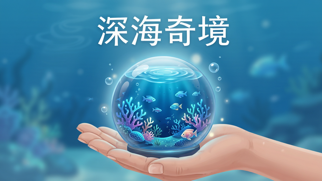 主体为一只手掌托起的透明玻璃球,球内是幽蓝深海场景,有发光珊瑚与游动的小鱼;布局居中,上方留白放置标题文字