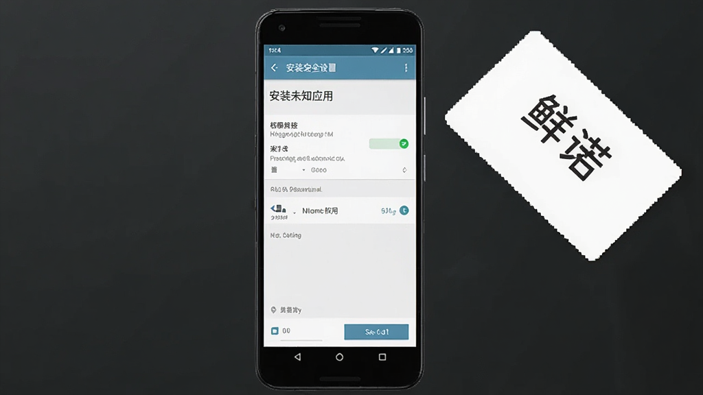 一张手机安全设置界面示意图,画面展示安卓手机“安装未知应用”权限设置页面,旁边放置一部手机和一张写有“鲜诺”字样的卡片,布局为手机居中、卡片斜放,风格简洁说明性,细节清晰,画质干净,无多余元素。