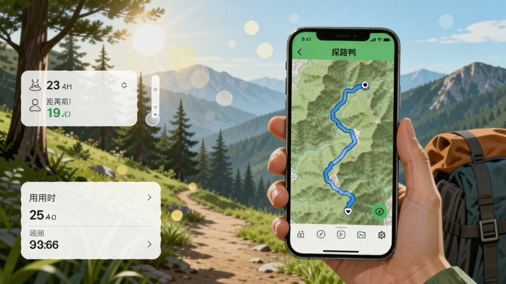 户外山间小路上,一位背包客手持手机,手机屏幕显示