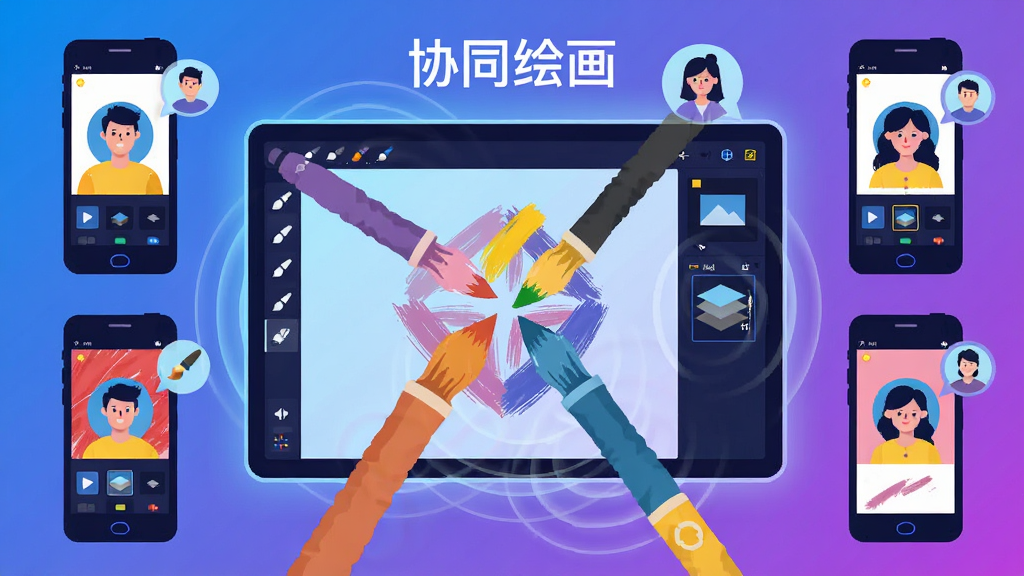 一张展示多人协作绘画场景的横版插画,画面中央是一块发光的数字画布,画布上有四条不同颜色的笔迹从四个方向汇聚到中心形成一幅完整图案,画布四周分布着四个简洁的手机屏幕轮廓,每个屏幕中显示不同的绘画界面与头像,整体布局左右对称、视觉重心居中,风格为现代扁平化科技插画,配色以蓝紫渐变为主搭配明黄点缀,细节包括笔刷图标、图层缩略图、实时同步波纹与成员头像气泡,画质清晰干净无多余元素,画面中可出现“协同绘画”字样