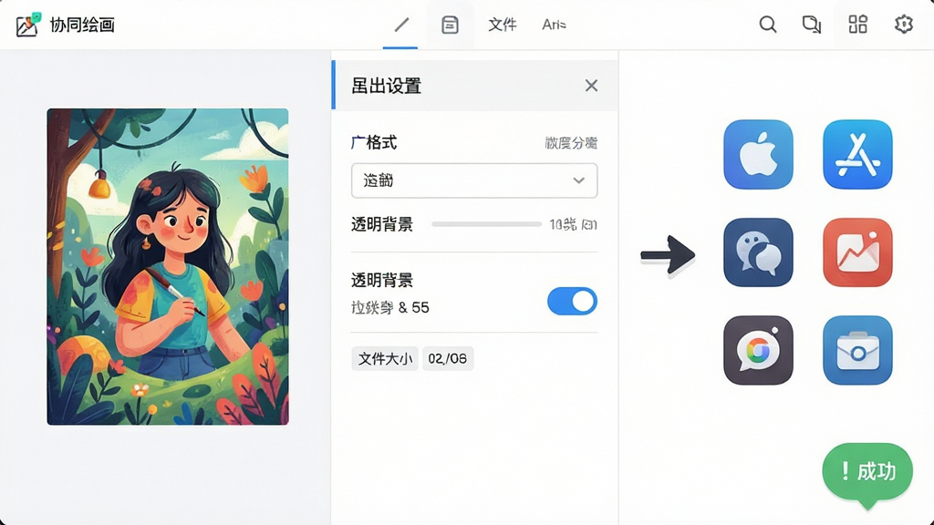 一张展示绘画作品导出流程的界面示意图,画面左侧为一块已完成的多彩插画作品缩略图,中间为导出设置面板包含格式选择与透明背景开关,右侧为分享箭头指向多个应用图标,布局为左中右三段式横向排列,风格为清爽的扁平化UI示意图,细节包含进度提示、文件大小标签与成功提示气泡,画质清晰干净无多余元素,画面中可出现“协同绘画”字样