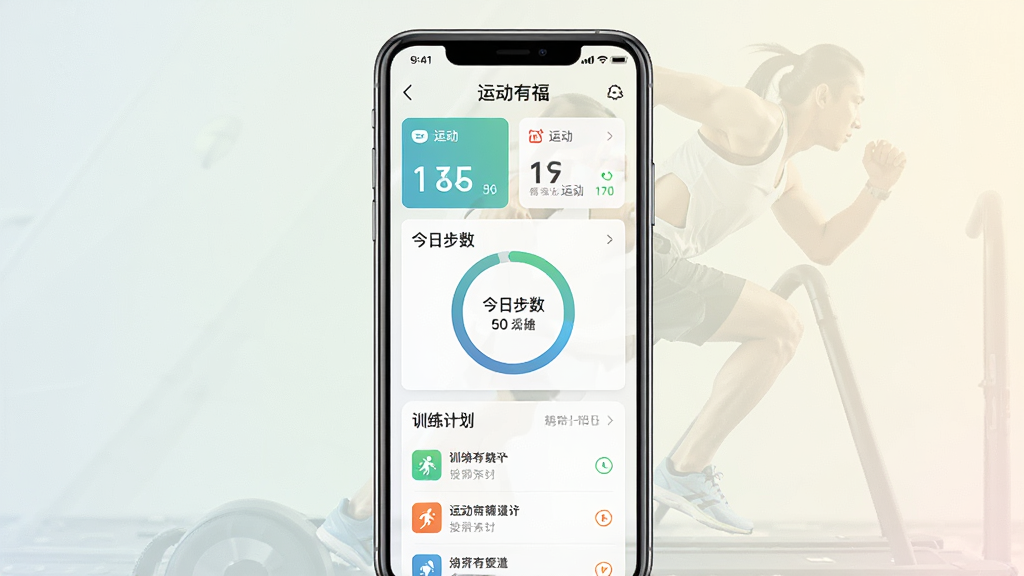 一张手机应用界面展示图,画面中央是一部竖屏智能手机,屏幕上显示运动有福应用的主页面,包含运动数据卡片、今日步数圆环和训练计划列表,背景为浅色渐变运动风格,整体布局简洁清晰,风格现代扁平化,细节包含图标和数字信息,画质清晰干净无多余元素