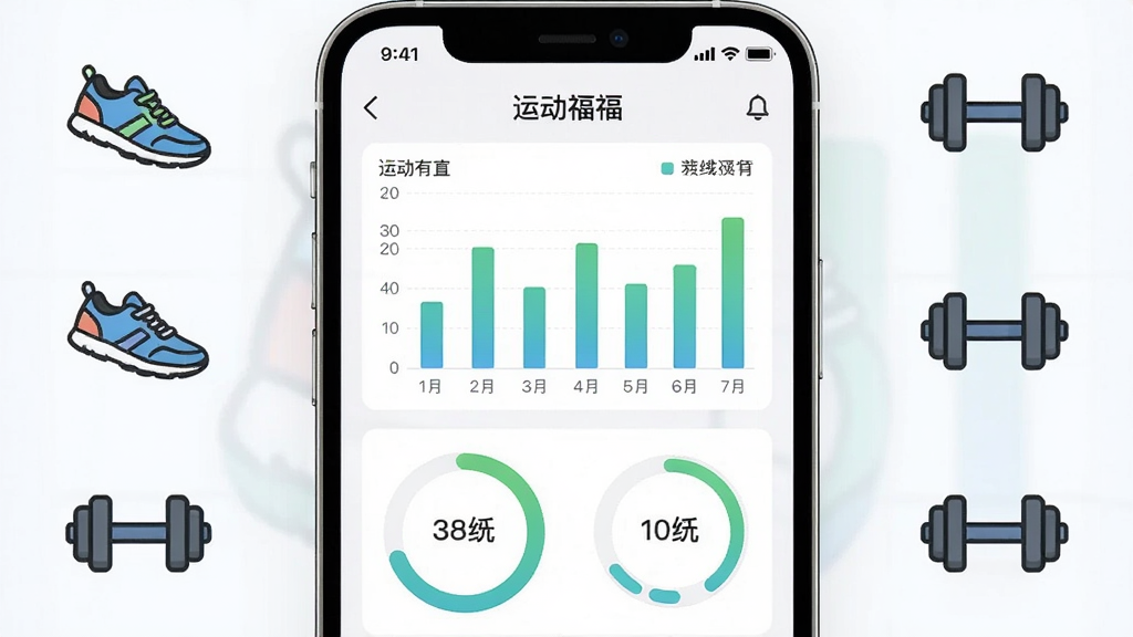 一张运动数据可视化界面展示图,画面主体为手机屏幕上的运动有福数据统计页面,包含柱状图和环形进度条,屏幕周围点缀运动鞋和哑铃的小图标,布局居中对称,风格清爽明亮,细节清晰,画质干净无多余元素