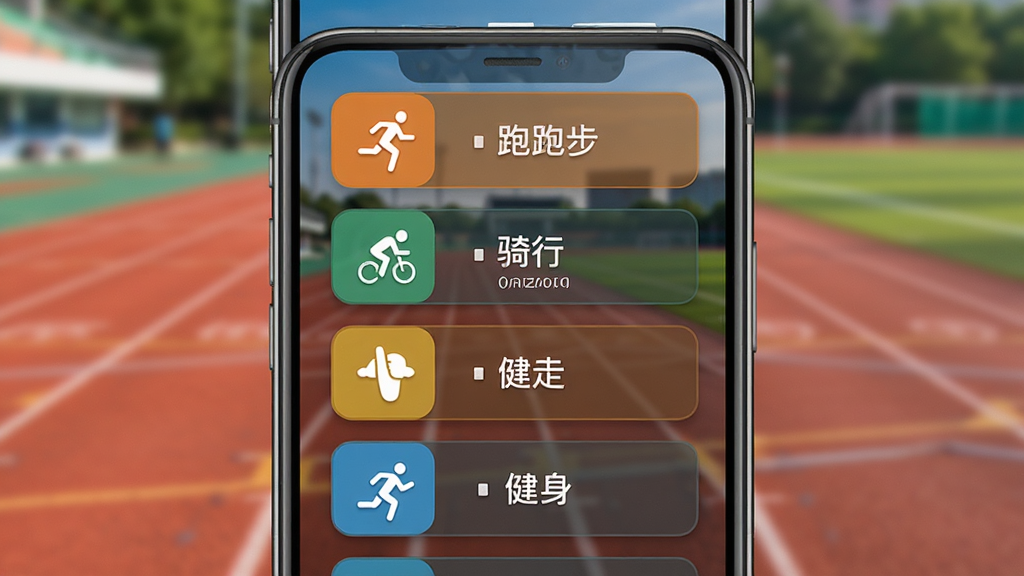 一张多种运动类型选择界面展示图,手机屏幕中央显示运动有福的运动模式选择列表,包含跑步、骑行、健走、健身等图标按钮,背景为运动场跑道虚化效果,布局整齐,风格活力运动感,细节图标清晰,画质干净无多余元素