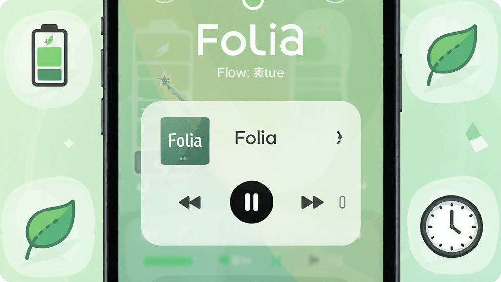 手机屏幕显示Folia音乐播放器的锁屏控制卡片界面,屏幕周围环绕电池、绿叶与时钟图标,象征低耗电与稳定运行,背景为淡绿色柔和渐变,风格为简约扁平插画,布局清晰,细节干净,画质细腻无多余元素