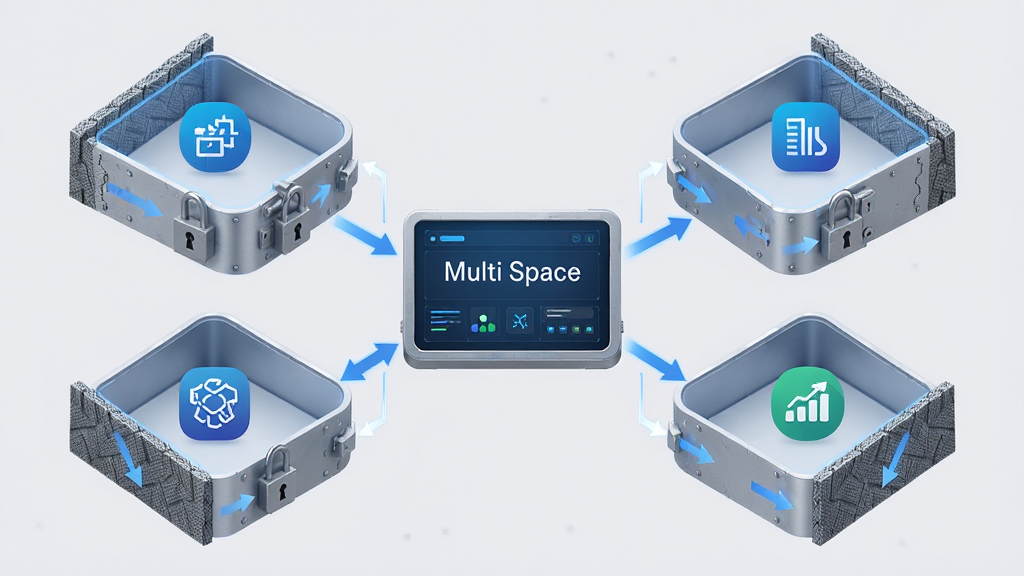 画面主体为 Multi Space 的数据隔离示意图,中央是一个标有 Multi Space 字样的管理面板,面板向四周延伸出三个独立的数据存储舱,每个舱内放置不同应用图标;布局为放射状构图,管理面板居中;排版层次分明;风格为简约信息图风格,浅灰背景配蓝色高亮;细节包括每个存储舱的独立锁扣、数据流向箭头、隔离墙纹理;画质高清,画面干净,无多余元素
