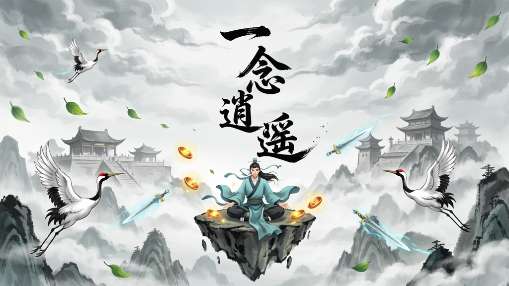 一幅水墨风格的中国古典修仙场景插画,画面主体是一位身着青衫的修士盘坐在悬浮的山峰之巅,周围环绕着云雾与仙鹤,远处有宫殿楼阁若隐若现,画面中央以毛笔书法字体书写“一念逍遥”四个大字,整体布局为竖版构图,上方为天空云海,下方为山峦与修士,风格为传统水墨丹青结合现代游戏原画质感,细节包含飘落的灵叶、发光的丹药、飞剑流光,画质高清干净,无多余元素
