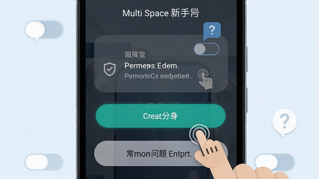 画面主体为一部安卓手机屏幕特写,屏幕上显示 Multi Space 的新手引导界面,界面中包含权限开启提示、创建分身按钮与常见问题入口;布局为竖屏手机居中,屏幕内容占据画面主要区域;排版清晰,重点按钮以高亮色突出;风格为清新扁平 UI 展示图,浅色背景;细节包括权限开关图标、问号提示气泡、手指点击示意;画质高清,画面干净,无多余元素