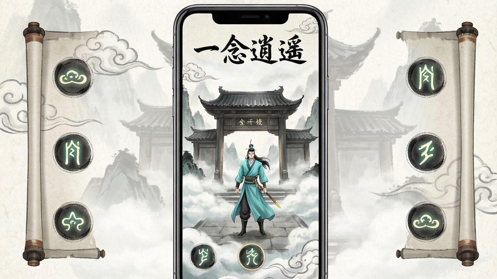 一幅水墨风格的手机游戏界面展示图,画面中央是竖屏游戏画面,显示一位青衫修士站在云雾缭绕的山门前,界面四周有古风卷轴样式的按钮和图标,画面顶部以书法字体写着“一念逍遥”,整体布局为手机屏幕居中展示,背景为淡雅的宣纸纹理,风格为清新国风水墨,细节包含飘动的云纹、发光的符图标、细腻的笔触质感,画质清晰干净,无多余元素