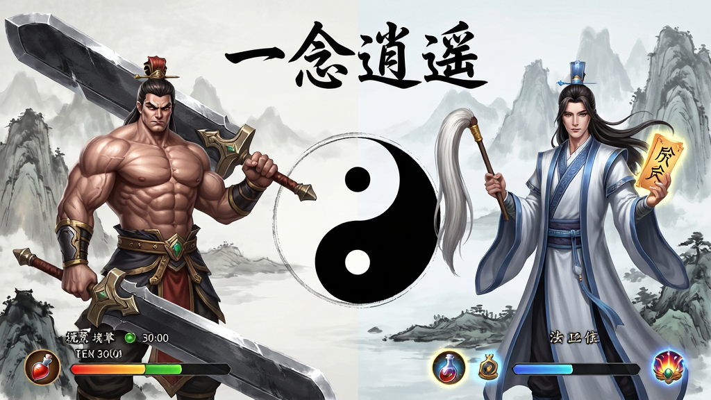 一幅展示修仙游戏角色成长路线的示意图,画面左侧为体修角色形象,肌肉线条硬朗手持巨剑,右侧为法修角色形象,身着道袍手持拂尘与符,中间以太极图分割,背景为水墨风格的山海场景,画面顶部以书法字体书写“一念逍遥”,整体布局为左右对称构图,风格为游戏原画与信息图结合,细节包含境界进度条、丹药图标、法宝光效,画质高清干净,无多余元素