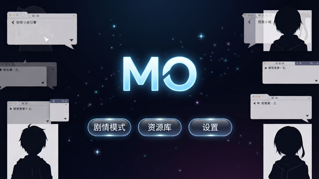 手机屏幕中央展示MO视觉小说引擎的启动界面,界面采用深色渐变背景,中央有发光的“MO”字母标识,下方排列着“剧情模式”“资源库”“设置”三个圆角按钮,画面四周环绕着视觉小说常见的对话框与人物立绘剪影元素,整体布局简洁对称,风格偏向科技感与二次元融合,细节上按钮带有轻微高光反射,背景点缀细小的星点粒子,画质清晰锐利,干净无多余装饰