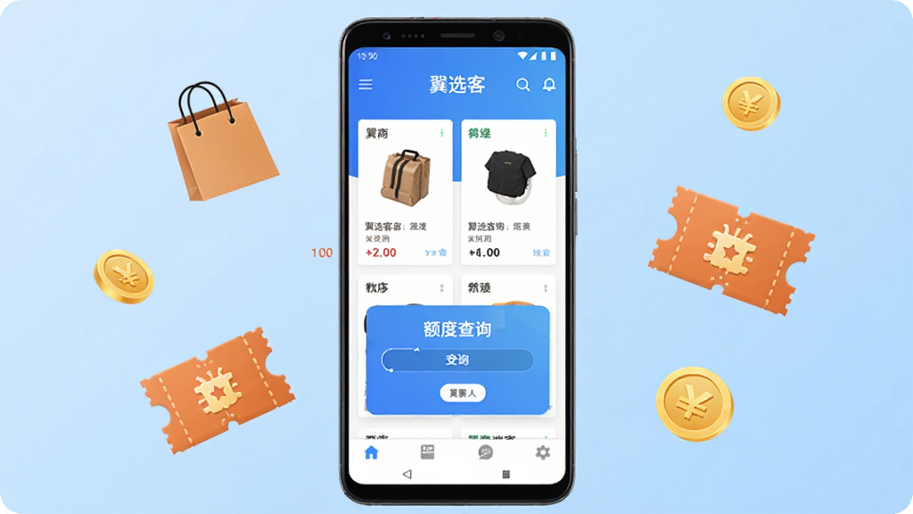 手机应用商店展示页面,画面中央是一部竖屏安卓手机,屏幕上显示翼选客应用首页,包含商品卡片、额度查询入口和底部导航栏,手机两侧漂浮着购物袋、优惠券和金币图标,背景为浅蓝色渐变,整体风格清爽现代,排版居中对称,细节清晰,画质干净,无多余元素,屏幕上方文字“翼选客”