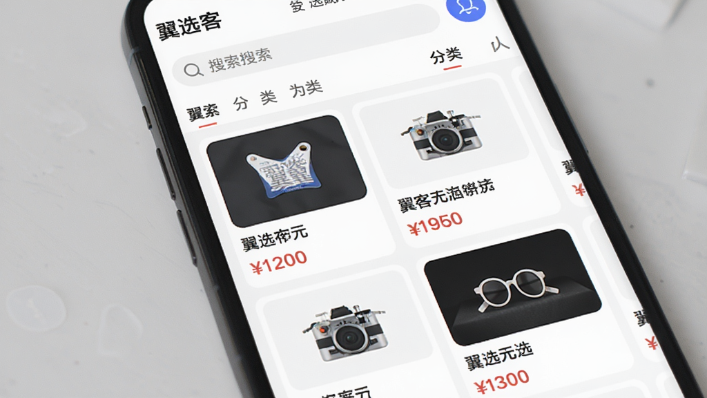 翼选客应用内商品聚合页面,画面为手机屏幕特写,屏幕上排列着多张商品卡片,每张卡片包含商品缩略图、名称和价格标签,卡片以两列网格布局呈现,背景为白色,顶部有搜索框和分类标签栏,风格简洁明快,细节清晰,画质干净,屏幕顶部文字“翼选客”