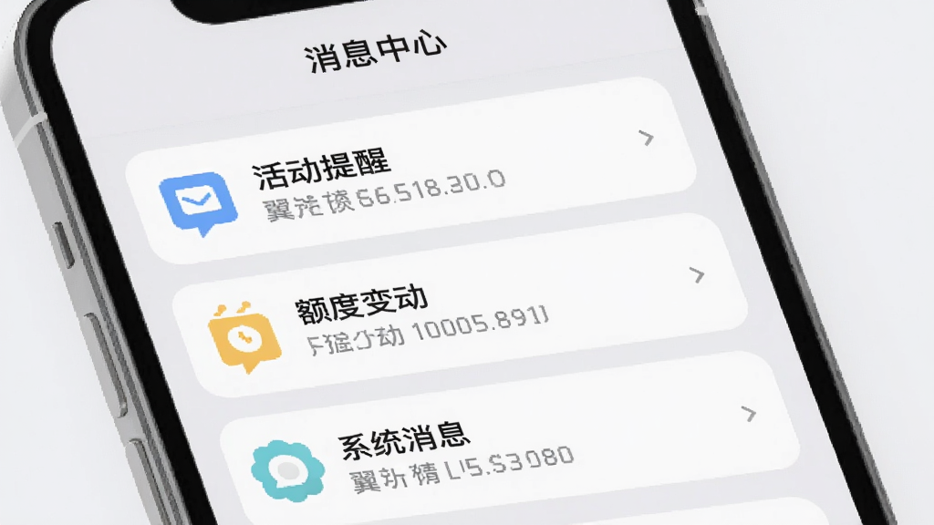 翼选客消息中心界面,手机屏幕显示通知列表,包含活动提醒、额度变动和系统消息三类条目,每条消息前有对应图标,列表采用圆角卡片分隔,背景为浅灰色,顶部标题栏文字“消息中心”,整体排版整齐,风格柔和,画质清晰干净