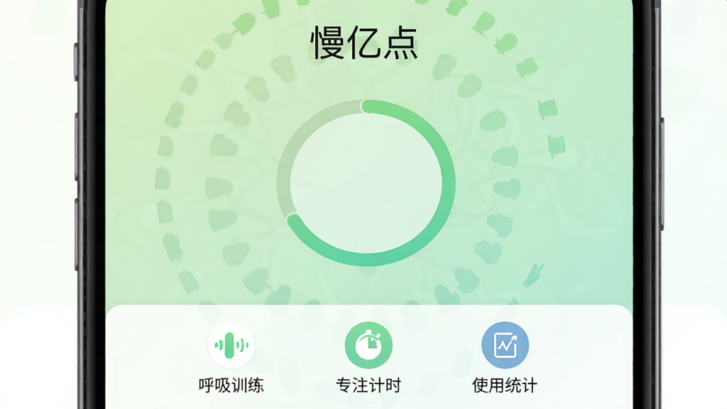一张展示慢亿点软件主界面的手机屏幕截图,画面中央是简洁的圆环形节奏进度条,背景为柔和的浅绿色渐变,界面顶部显示