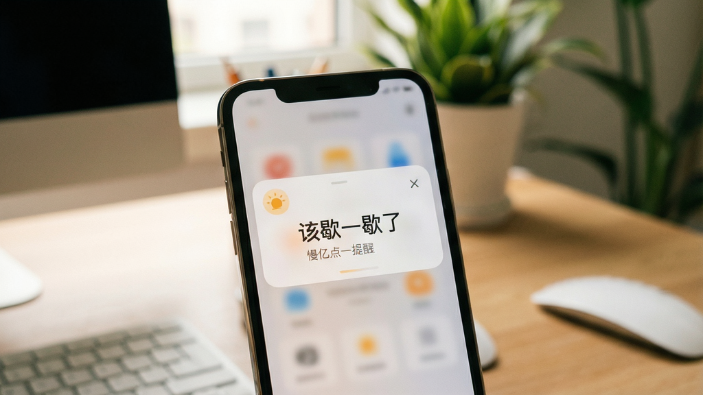一张表现慢亿点智能提醒功能的场景图,画面中一部手机屏幕弹出温和的休息提醒卡片,卡片上写着
