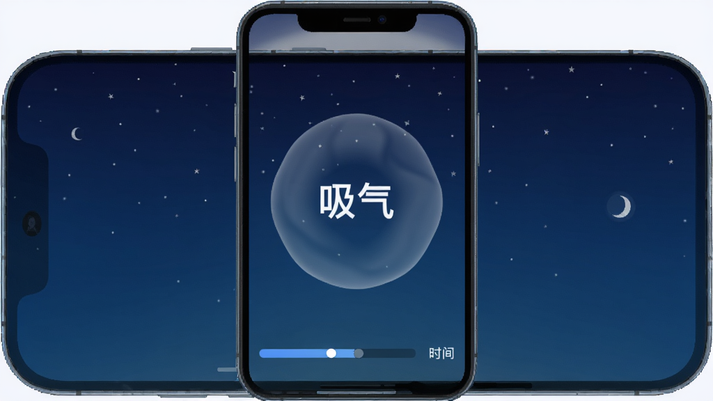 一张展示慢亿点呼吸训练界面的图片,手机屏幕中央是一个缓慢膨胀收缩的圆形动画,圆形内部显示