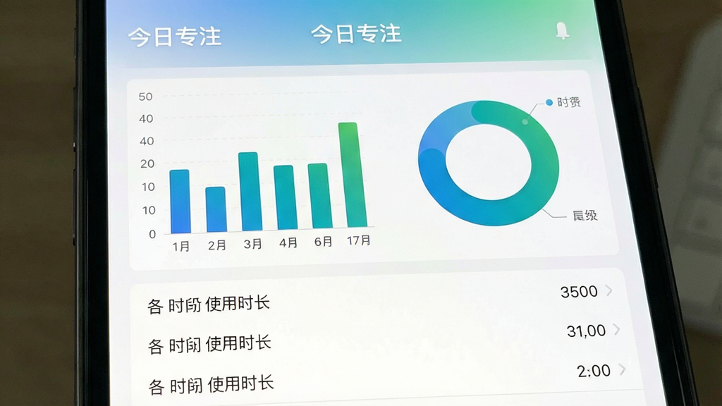 一张慢亿点专注统计页面的手机截图,画面中展示柱状图与环形图组合的数据面板,图表配色为蓝绿渐变,顶部显示