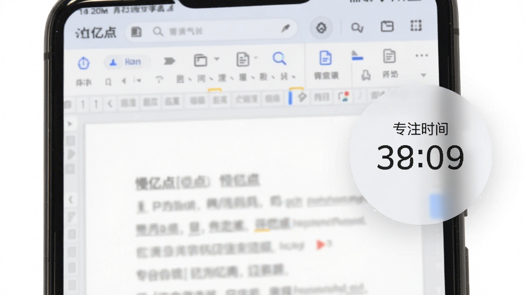 一张展示慢亿点悬浮面板功能的手机界面图,屏幕右侧边缘有一个半透明的小圆形悬浮窗,窗内显示剩余专注时间数字,主屏幕背景为文档编辑界面,整体风格轻量简洁,画质清晰,干净无多余元素