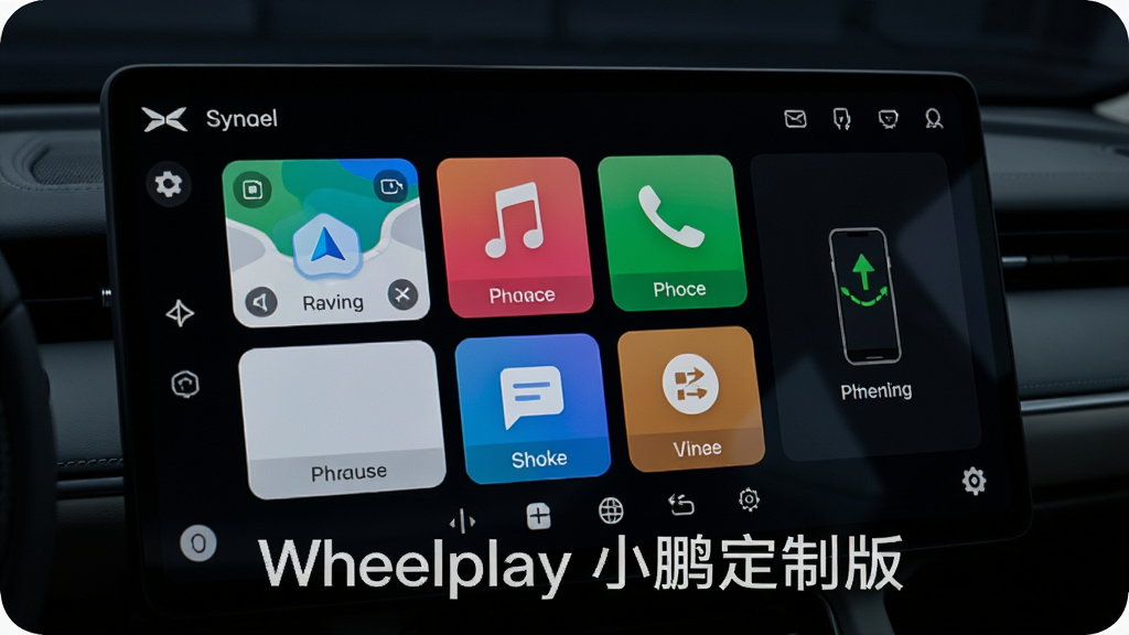 画面展示小鹏汽车中控屏幕特写,屏幕内呈现Wheelplay应用界面,界面中排列着导航、音乐、电话等驾驶常用功能卡片,右侧有手机投屏连接状态标识,背景为车内暗光环境,风格为产品界面展示风,细节突出屏幕UI的清晰度与卡片布局,画质干净高清,图片中可加入文字“Wheelplay 小鹏定制版”
