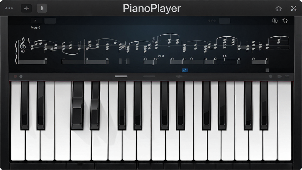 һ��չʾPianoPlayer�����������ͼƬ������������������������ټ��̣��ڰ׼��������룬�����Ϸ���ʾ���ڲ��ŵ����������������ʾ����Ļ�������������ơ�PianoPlayer������������Ϊ��ɫ���䣬�������ִ���࣬ϸ�����������ʸ��壬�ɾ��޶���Ԫ��