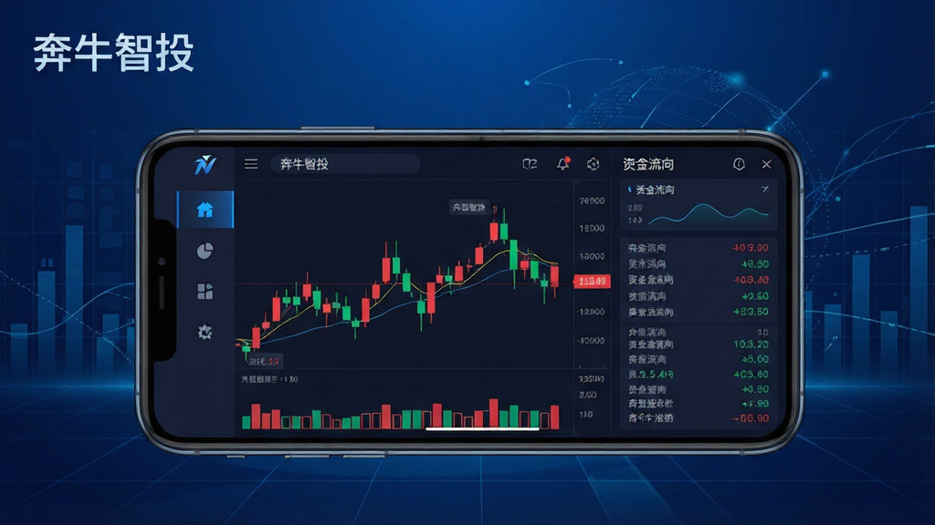 一张展示奔牛智投软件主界面的科技风格图片,主体为一部智能手机屏幕显示股票K线图与资金流向数据面板,布局为居中放置手机,背景为深蓝色渐变的数据网格与抽象线条,风格为现代金融科技感,细节包含红绿相间的K线柱状图、数字跳动效果、侧边栏功能图标,画质清晰锐利,画面干净无多余杂乱元素,文字内容为“奔牛智投”