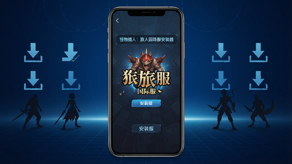 一张横版科技感主视觉图,画面中央放置手机屏幕,屏幕内展示怪物猎人旅人国际服安装器的启动界面,左右两侧分别排列下载箭头图标与游戏角色剪影,背景为深蓝色渐变与网格纹理,风格简洁现代,细节清晰,画质干净,无多余元素,图片中文字为“怪物猎人:旅人国际服安装器”