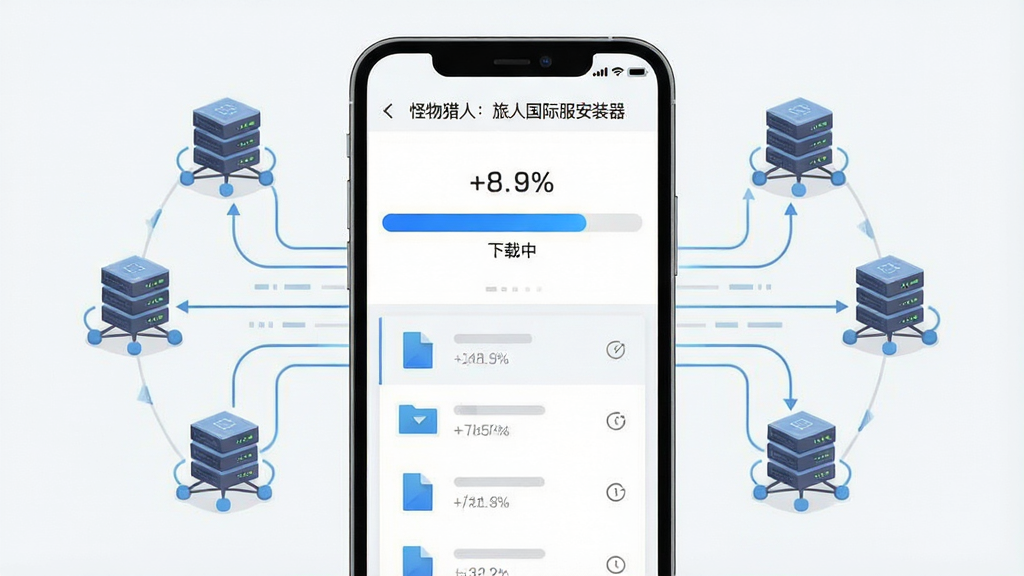 一张竖版手机界面示意图,画面主体为手机屏幕显示下载进度条与文件列表,进度条为蓝色高亮,周围环绕服务器节点图标与数据流线条,布局居中对称,风格扁平化科技风,细节包括百分比数字与“下载中”字样,画质清晰干净,无多余元素,图片中文字为“怪物猎人:旅人国际服安装器”