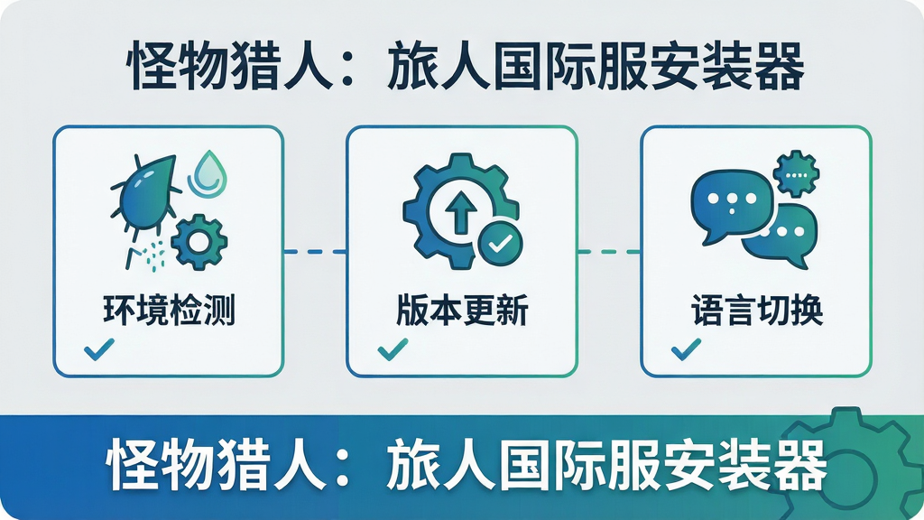 一张信息图表风格插图,画面分为三个并列模块,分别用图标表示“环境检测”“版本更新”“语言切换”,模块之间用虚线连接,背景为浅灰色,配色以蓝绿为主,风格简洁商务,细节包括勾选标记与齿轮图标,画质干净,无多余元素,图片中文字为“怪物猎人:旅人国际服安装器”