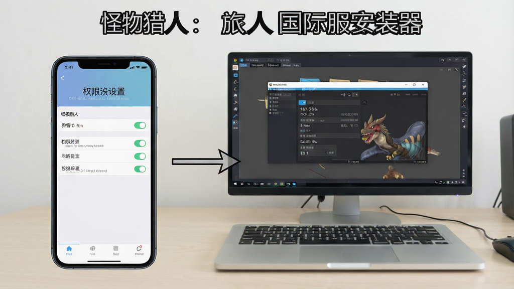 一张手机与电脑并排的操作示意图,手机屏幕显示权限设置界面,电脑屏幕显示模拟器配置窗口,中间用箭头连接,背景为浅色办公桌面,风格写实简洁,细节包括勾选开关与内存数值,画质清晰,无多余元素,图片中文字为“怪物猎人:旅人国际服安装器”