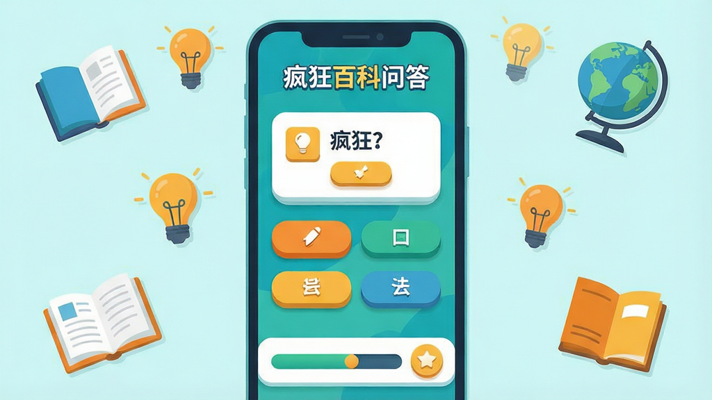 一张手机屏幕展示疯狂百科问答应用主界面的场景图,画面中央是一部竖屏手机,屏幕上显示色彩明快的答题界面,顶部有“疯狂百科问答”文字标识,中间是题目卡片与四个选项按钮,底部有进度条与积分图标;手机周围散落着书本、灯泡、地球仪等知识元素的小图标作为点缀;整体采用扁平化插画风格,配色以蓝绿为主、橙黄为辅,明亮活泼;细节上按钮带有轻微立体阴影,题目卡片边缘圆润;画质清晰,画面干净,无多余杂乱元素