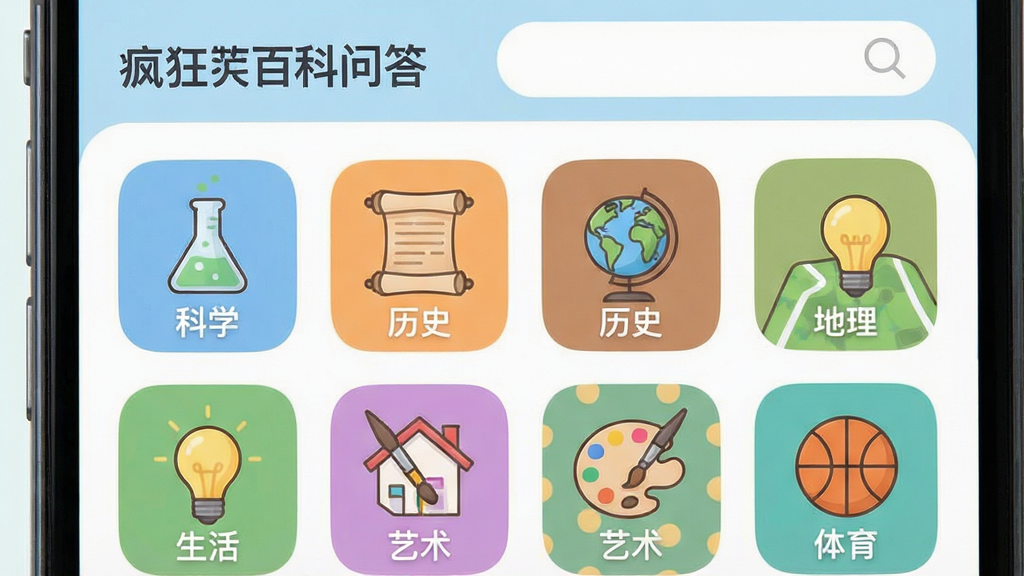 一张展示疯狂百科问答题库分类的界面示意图,画面为手机屏幕特写,屏幕上以网格形式排列着“科学”“历史”“地理”“生活”“艺术”“体育”等多个彩色分类图标,每个图标配有对应的简笔插画,如烧瓶、古卷、地球仪、灯泡、调色盘、篮球;界面顶部有“疯狂百科问答”字样与搜索框;整体风格为清新扁平化设计,配色柔和,图标圆角处理,排版整齐有序;画质干净清晰,无多余装饰元素