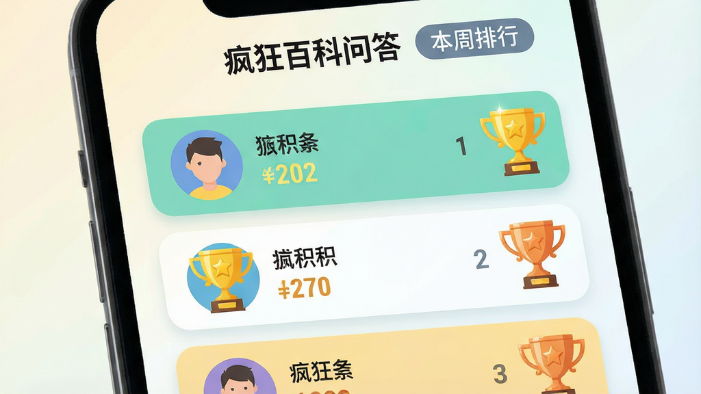 一张表现疯狂百科问答积分排行榜界面的场景图,画面为手机屏幕正面展示,屏幕上显示排行榜列表,包含用户头像、昵称、积分数字与名次徽章,前三名带有金银铜色奖杯图标,界面顶部有“疯狂百科问答”标题与“本周排行”标签;背景为浅色渐变,列表行采用圆角卡片式设计,配色清爽;整体为扁平化UI风格,细节上徽章带有轻微光泽感;画质清晰,排版整洁,无多余元素