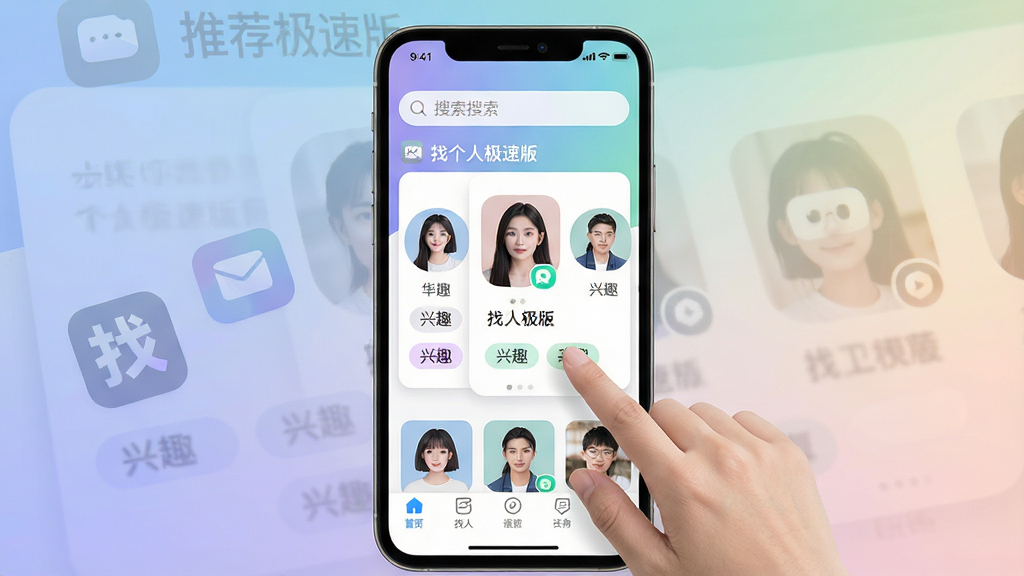 手机屏幕中央展示“找个人极速版”应用界面,主体为一位年轻用户正在滑动浏览推荐好友卡片,布局采用上下分层结构,上方为状态栏与搜索框,中部为人物头像卡片与兴趣标签,下方为底部导航栏,排版简洁对称,风格为现代扁平化UI设计,细节包括柔和的渐变背景、圆角卡片、清晰的图标与文字标注“找个人极速版”,画质高清,画面干净,无多余元素
