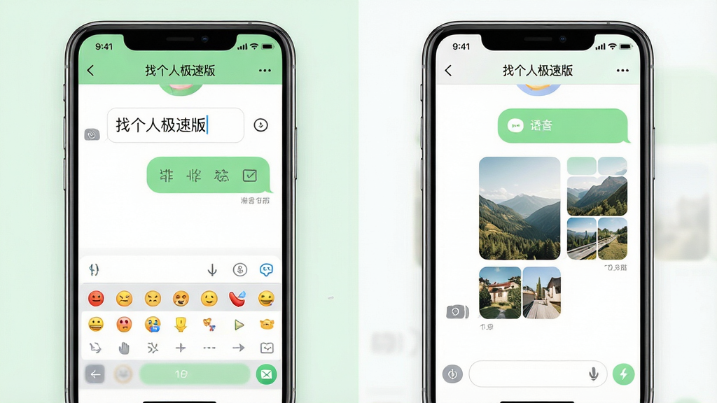 两部智能手机并排展示聊天界面,左侧手机显示文字输入框与表情面板,右侧手机显示语音消息气泡与图片缩略图,布局为左右对称对比,排版清晰展示聊天功能,风格为清新简约的UI设计,细节包括柔和的绿色与白色配色、圆角气泡、清晰的“找个人极速版”聊天标题栏,画质高清,画面干净,无多余元素