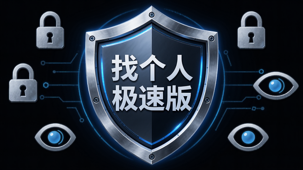 盾牌形状的安全防护图标位于画面中央,盾牌内部显示“找个人极速版”字样,周围环绕锁形图标与眼睛图标,布局为居中对称,排版突出盾牌主体,风格为安全科技风,细节包括金属质感盾牌、蓝色光晕、简洁的线条装饰,画质高清,画面干净,无多余元素