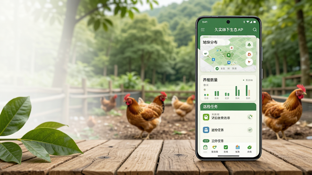 画面主体为一部竖屏安卓手机,屏幕中显示久实林下生态APP的首页界面,界面包含地块分布卡片、养殖数量统计和巡检任务列表;手机放置在一张原木桌面上,背景是虚化的林下养殖场景,有绿色树冠和散养鸡群;整体布局为手机居中偏右,左侧留白放置几片绿叶装饰;风格为清爽写实的数码产品展示风;细节上屏幕反光自然、图标清晰、色彩以绿色和米白为主;画质高清,画面干净,无多余元素。