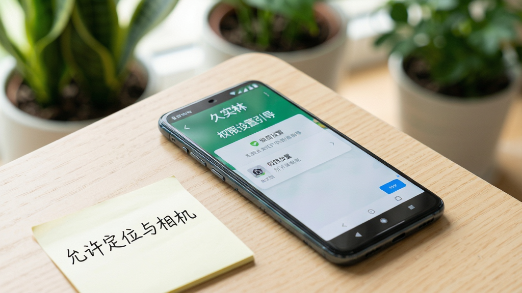 画面主体为一部安卓手机屏幕特写,显示久实林下生态APP的权限设置引导页面,旁边放置一张手写便签写着“允许定位与相机”;手机平放在浅色木纹桌面上,背景有绿植盆栽虚化;布局为手机居中,便签位于左下角;风格为清新生活化的数码使用场景;细节上屏幕内容清晰、便签字迹自然、光线明亮;画质高清,画面干净,无多余元素。