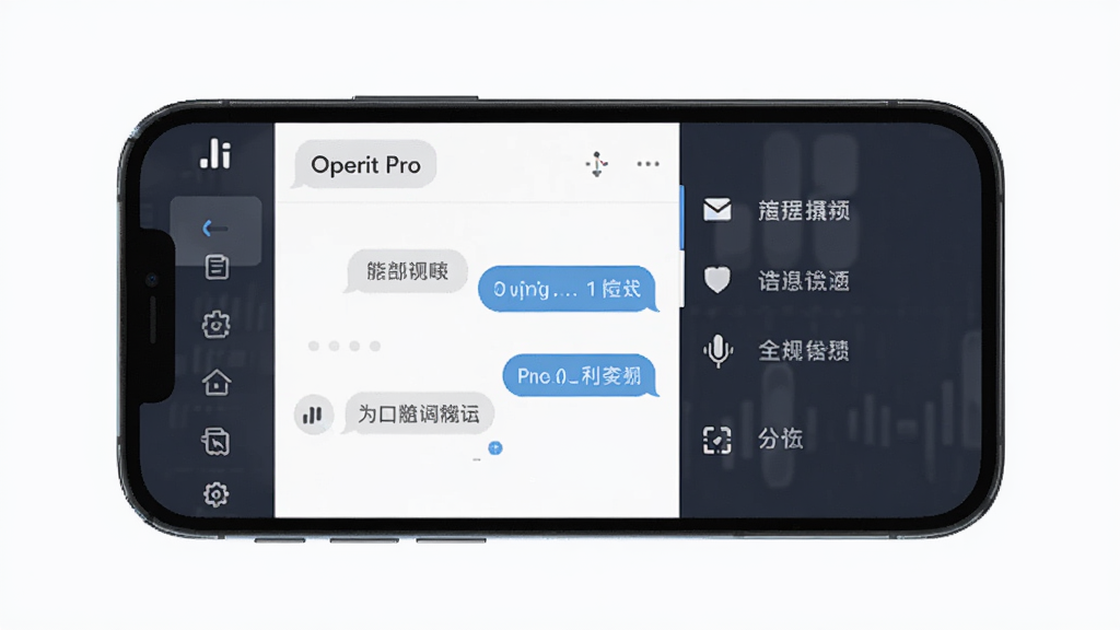 画面主体为Operit Pro应用界面特写,屏幕展示简洁的对话主界面与侧边功能菜单,布局为手机正面居中展示,风格为扁平化UI设计展示风,细节包括清晰的图标、留白充足的排版、浅色背景,画质高清,画面干净,无多余元素