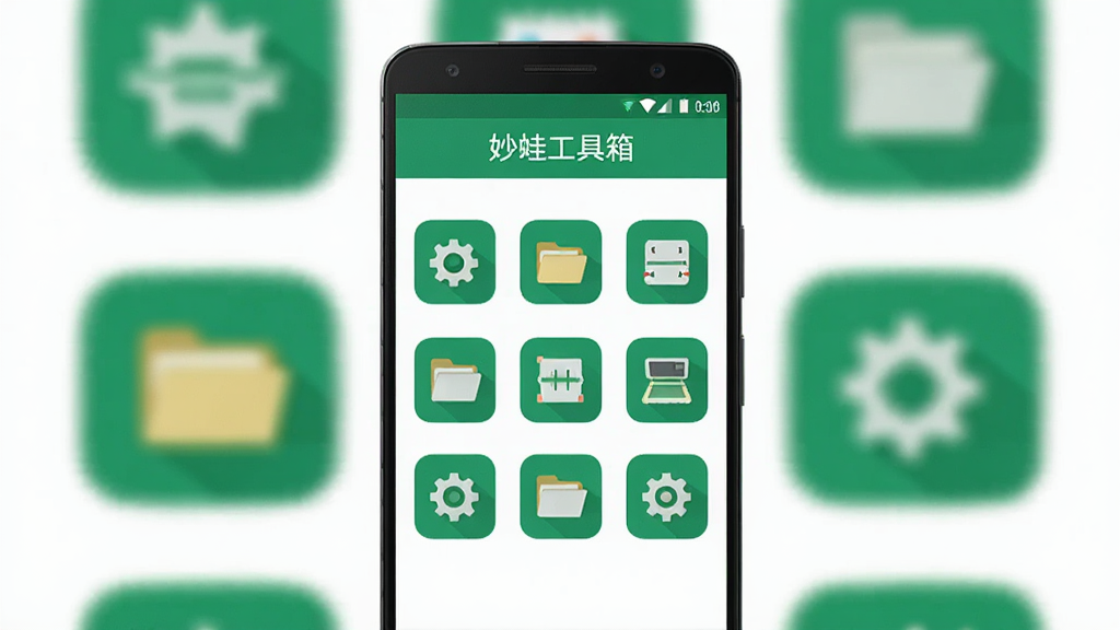 主体为一部竖屏安卓手机,屏幕中央展示“妙蛙工具箱”应用主界面,布局为顶部标题栏加下方九宫格功能图标,排版整齐居中,风格为扁平化科技感设计,细节包含齿轮、文件夹、扫描仪等小图标与绿色主题色点缀,画质清晰干净,无多余元素