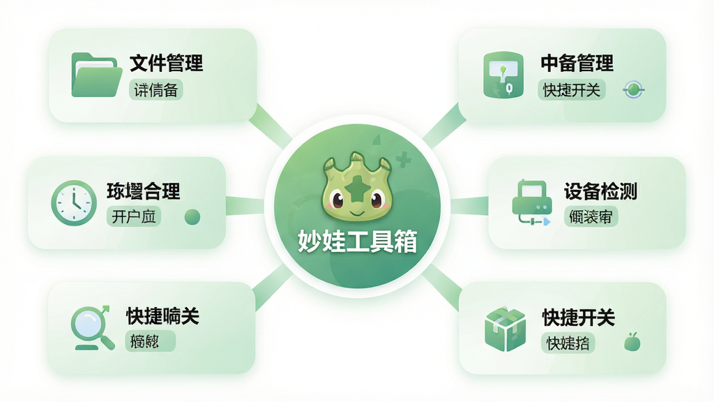 主体为一张扁平化信息图,布局为中央圆形“妙蛙工具箱”标识向四周辐射出多个功能模块卡片,排版呈放射状对称,风格为简洁商务插画风,细节包含文件管理、设备检测、快捷开关等文字标签与柔和绿色渐变,画质高清干净,无多余装饰元素