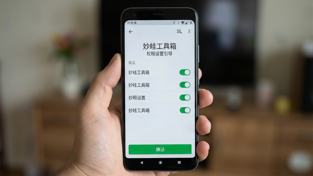 主体为一只手握持安卓手机,屏幕显示“妙蛙工具箱”权限设置引导页面,布局为手机居中、背景虚化处理,排版突出屏幕内容,风格为写实生活摄影风,细节包含权限开关列表与绿色确认按钮,画质清晰自然,无多余杂物